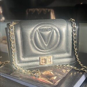 Valentino Metallic Black Crossbody Bag with Gold Chain